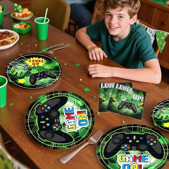 174 Pcs Video Game Birthday Decorations Tableware Set with Plates and Napkins, Serves 25, 2 Tablecloths, Banner, Cake Toppers, for Boys Gamer Birthday Party Decorations, Green