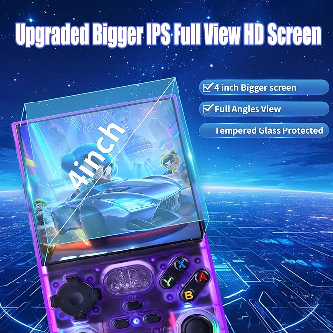 GWALSNTH V40 MAX Mini Retro Handheld Game Console, 40000 Games 256G TF Card, Built-in 49+ Emulators, 4.0 Inch 4K HD IPS Screen, 4000mAh Battery, Portable Pocket Video Console (Transparent Purple)