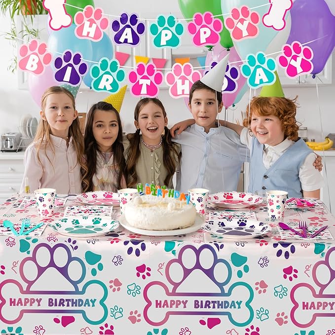 Gejoy 96pcs Dog Birthday Party Decorations Set Include Dog Print Plates Knives Forks Spoons Napkins Puppy Paw Tableware for Puppy Theme Party Supplies Kit(Sweet Color)