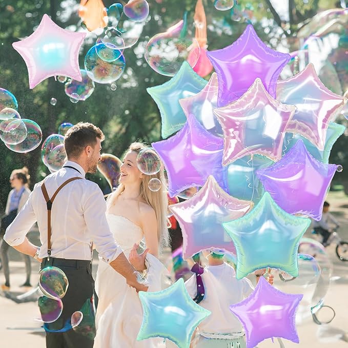 Iridescent Star Balloons, 9Pcs 18Inch Transparent Crystal Star Foil Balloon, Gradient Iridescent Pink Purple Green Pentagram Balloon for Princess Birthday Wedding Easter Party Decoration Mermaid Theme