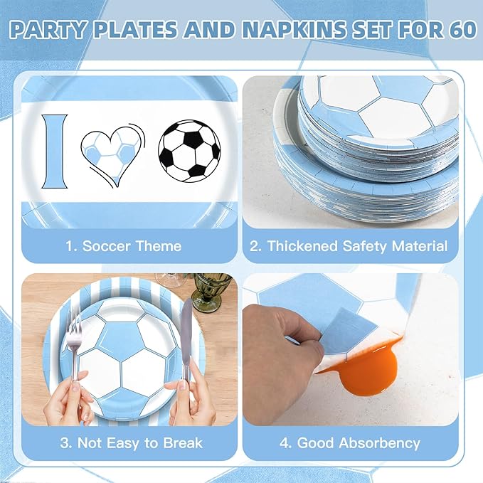 180Pcs Blue Soccer Party Supplies Paper Plates and Napkins Serve 60 Disposable Tableware Set for Birthday Party Decorations Game Day Family Holiday Sports Events
