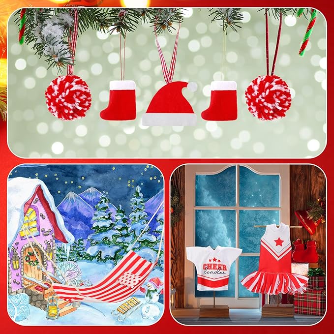 Kacctyen 11 Pcs Christmas Accessories Include Cheerleader Doll Sleeping Bag Hammock Apron Chef Hat Dress Scarf Top Shorts Horn Pompoms Bag Snowmen Clothes (Cheerleader Style)