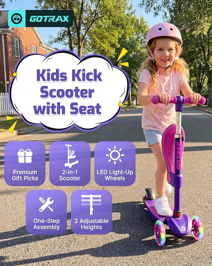 Gotrax KS3 Kids Kick Scooter, LED Lighted Wheels, Adjustable Height Handlebars and Removable Seat, Lean-to-Steer & Widen Anti-Slip Deck, 3 Wheel Scooter for Kids Ages 2-8 and up to 110 Lbs