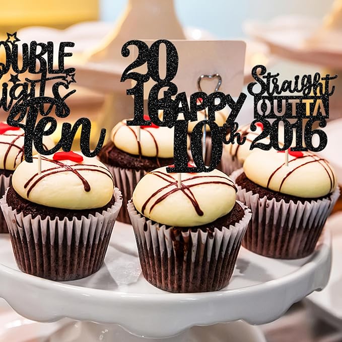 30PCS Black 10th Birthday Cupcake Toppers Glitter Ten Happy 10 Straight Outta 2016 Cupcake Picks for Cheers to 10 Years 10th Birthday Wedding Anniversary Party Cake Decorations Supplies