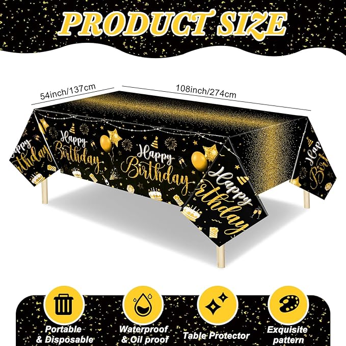 Tudomro 1 Pcs Happy Birthday Tablecloths Happy Birthday Party Decorations Plastic Table Cover Rectangular Cloths for Women Men Baby Shower Party Supplies, 108 x 54 Inch (Black Gold)