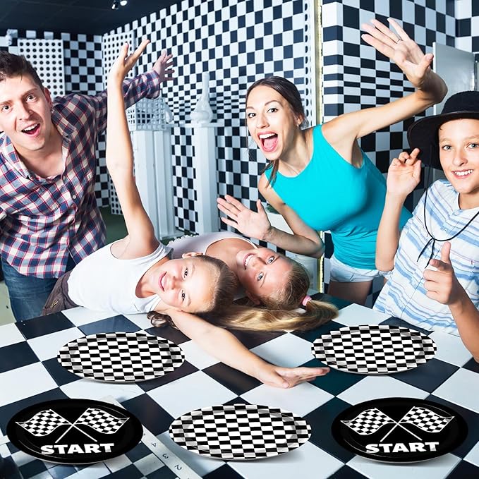 CHUNNIN 50 PCS Black and White Checkered Party Plates for Race Car Themed Party Decoration - 7 Inch Race Car Checkered Birthday Paper Disposable Dessert Plates for Kids Boys and Girls Party Supplies