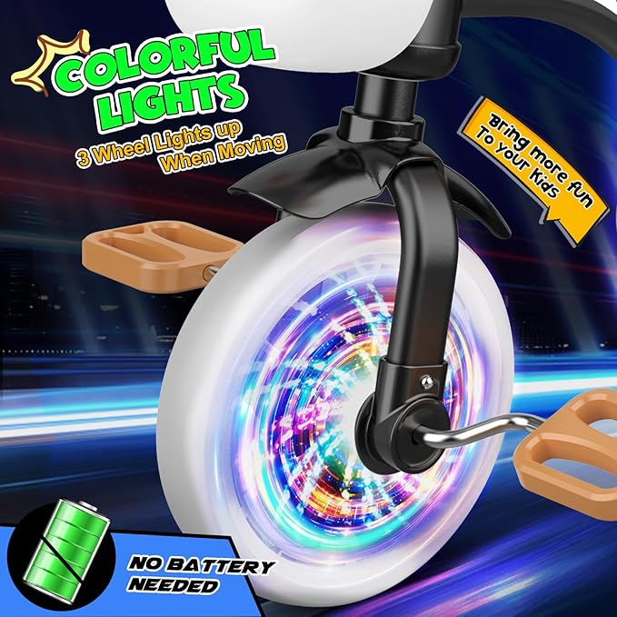 Toddler Tricycle for 1-3 3-4 Year Olds, 2 3 4 Year Old Boy Girl Birthday Gifts, Toddler Baby Bike, 3-Level Adjustable Seat, 3 Color Light Wheels, 2 Baskets, Outdoor Riding Toys for Ages 2-4