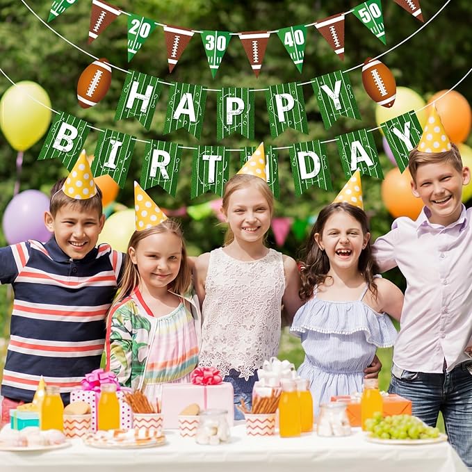 Pasimy 4 Pcs Football Birthday Party Banners Football Pennant Flag Happy Birthday Banner Circle Paper Garland Black Brown White Hanging Decorations Backdrop for Sports Bowl Party Outdoor Indoor