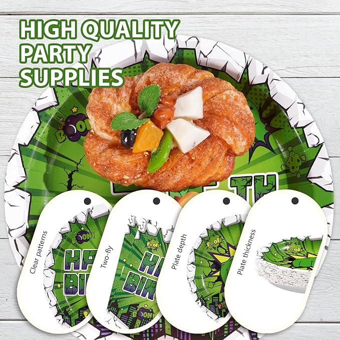 96Pcs Green Hero Birthday Party Supplies Super Green Hero Birthday Plates and Napkins Cityscape Super Bang Cartoon Movie Themed Tableware Set for Kids Boys Party Supplies，Serves 24