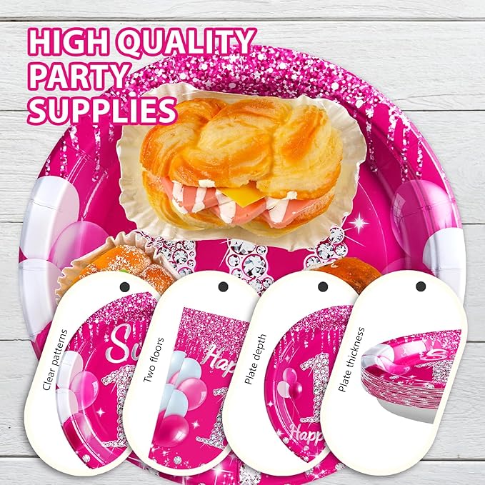 Grencian 96 Pcs 18th Birthday Party Supplies Hot Pink Sweet 18 Years Old Plates and Napkins Disposable Tableware Set Eighteen Birthday Decorations for Girls Happy 18th Birthday Party Favors Serves 24