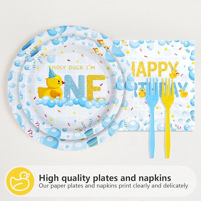 96Pcs Duck 1st Birthday Party Decorations Duck One Birthday Bubble Bath Plates and Napkins Set Blue Yellow Ducks Decoration for Boys Girls 1 Year Old Ducky Baby Shower Party Supplies Serves 24