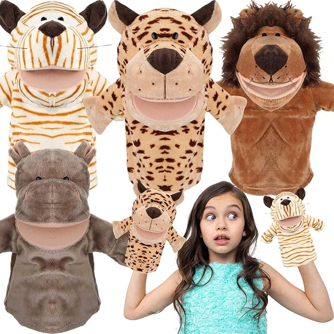 4 Pcs Hand Puppet Animal with Working Mouth 9.8 Inch Animal Puppet Soft Plush Toy for Storytelling Theater Preschool Birthday Gifts(Leopard, Hippo, Lion, Tiger)