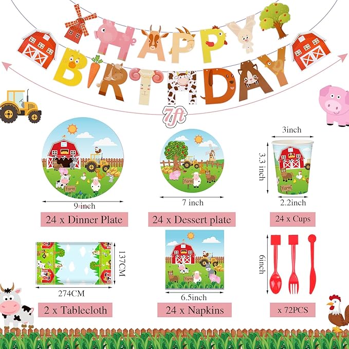 Pajean 171 Pcs Farm Birthday Decorations Happy Birthday Animals Theme Party Supplies 24 Guests Dinner Plates Dessert Plates Cups,Napkins and Banner for Baby Shower Farm Party Decoration(Vivid)