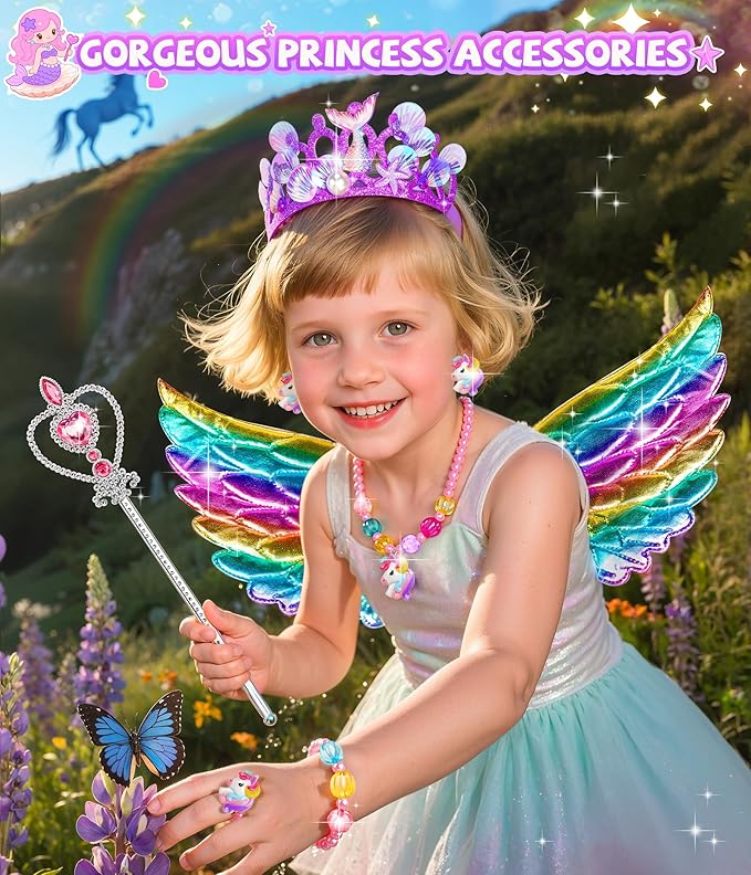 Jeowoqao Princess Dress Up Clothes for Little Girls, Dress Up Shoes Pretend Play Unicorn Mermaid Costumes, Tutu Skirt, Princesss Cape Crown Wand Accessories Toys Christmas Gifts for Girl Kids3 4 5 6