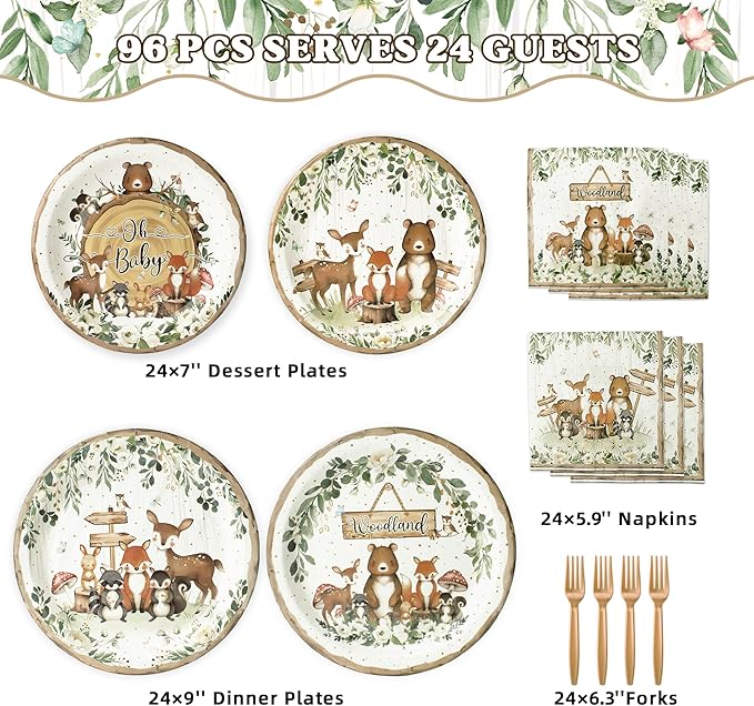 96 Pcs Woodland Baby Shower Party Supplies - Serves 24 Guests, Safari Jungle Animal Party Decorations Include Plates and Napkins, Forks