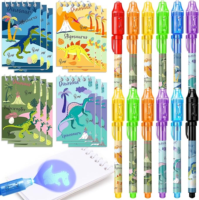 Invisible Ink Pen and Notebook Pack, 24 Pcs Dinosaur Party Favors, Spy Pens with UV Light Magic Marker for Secret Message Dino Party Favors for Kids Boys Girls Birthday Gift School Stationery Set