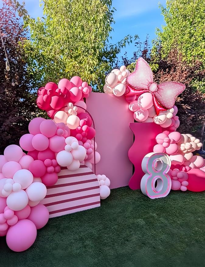 Pink Mouse Balloon Garland Arch Kit – 124 Pcs Hot Pink, Pastel and Polka Dot Balloons with Bow, Mouse Themed Girl Birthday Baby Shower Party Decor