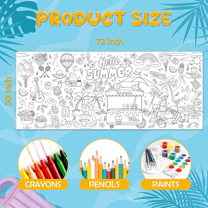 OHOME Summer Giant Coloring Poster/Tablecloth - Summer Decorations - 30 x 72 Inches Jumbo Paper Coloring Banner - Kids Crafts Gifts Toys Games Ice Cream Party Decorations - Arts Crafts Supplies