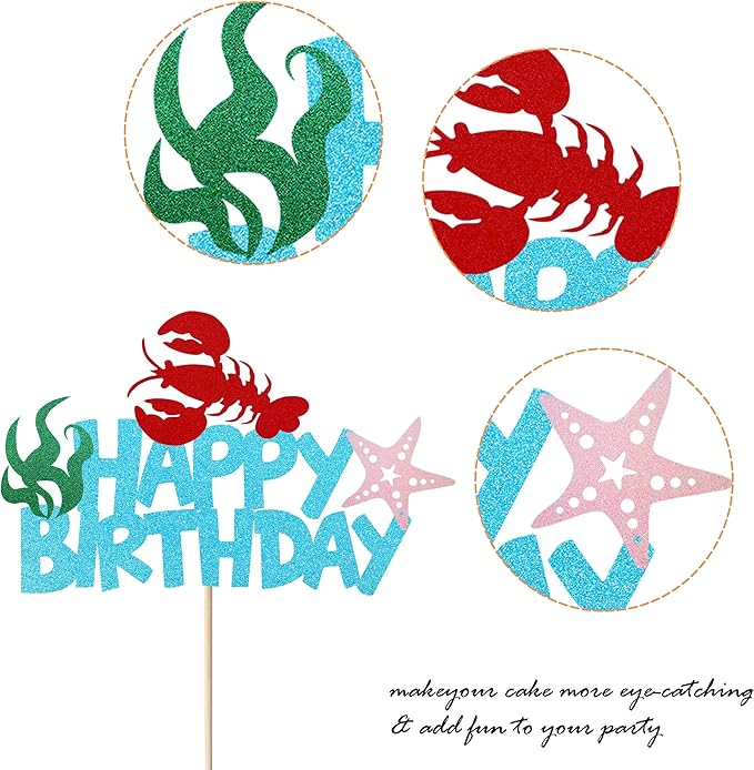 1 Pack Crawfish Happy Birthday Cake Topper Glitter Lobster Starfish Seaweed Theme Birthday Cake Pick for Baby Shower Birthday Ocean Party Cake Decoration Supplies Blue