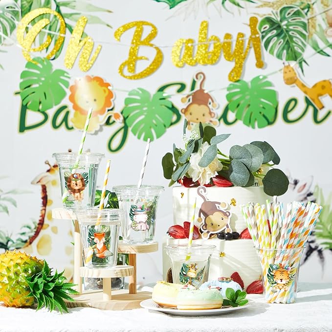 Boao 36 Set Jungle Safari Animal Themed Party Favors Plastic Cups 14 oz Birthday Party Supplies Cups with Plastic Lids and Paper Straws for Jungle Safari Animal Theme Birthday Gift