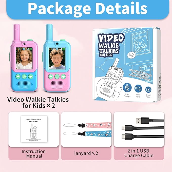 Video Walkie Talkies for Kids 2 Pack, 500ft Range Rechargeable Kids Walkie Talkies with HD Camera & 4 Voice Changer, 2 Way Radio Toys for 3-12 Year Old Girls Boys for Camping Outdoor Adventure