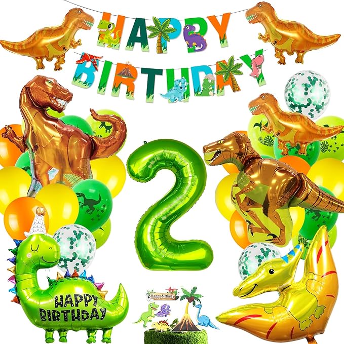Dinosaur Birthday Party Supplies - Dinosaur Party Decorations with Balloons, Banner, Cake Topper for 2 Year Olds
