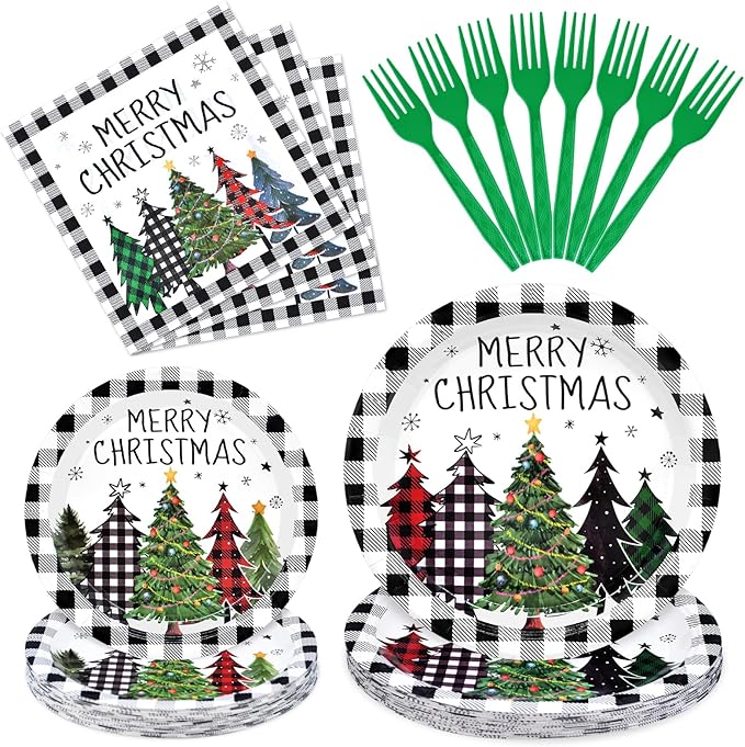 96 Pieces Christmas Tree Tableware Party Supplies – Black and White Buffalo Plaid Disposable Dinnerware with Paper Plates, Napkins, and Plastic Forks for Rustic Winter Celebration – Serves 24