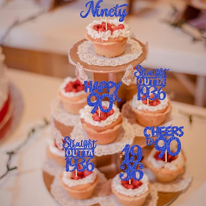 30 PCS 90th Birthday Cupcake Toppers Glitter Ninety Happy 90 Straight Outta 1936 Cupcake Picks for Cheers to 90 Fabulous 90th Birthday Anniversary Party Cake Decorations Supplier Blue