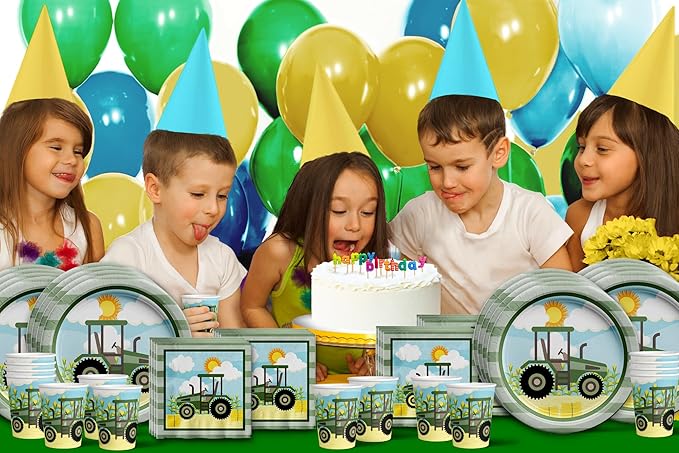 Green Farm Tractor Time Birthday Party Supplies Set Plates Napkins Cups Kit for 16