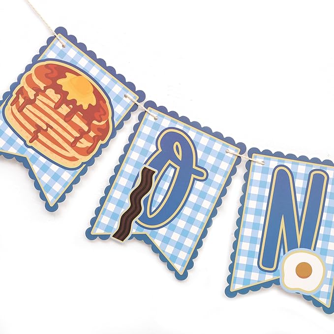 Brunch 1st Birthday High Chair Banner - Breakfast First Birthday Party Decorations, Pancakes and Pajamas Party Supplies, Breakfast Food Party Banner, Pancake and Waffle Cake Smash Photo Props (Blue Brunch Banner)