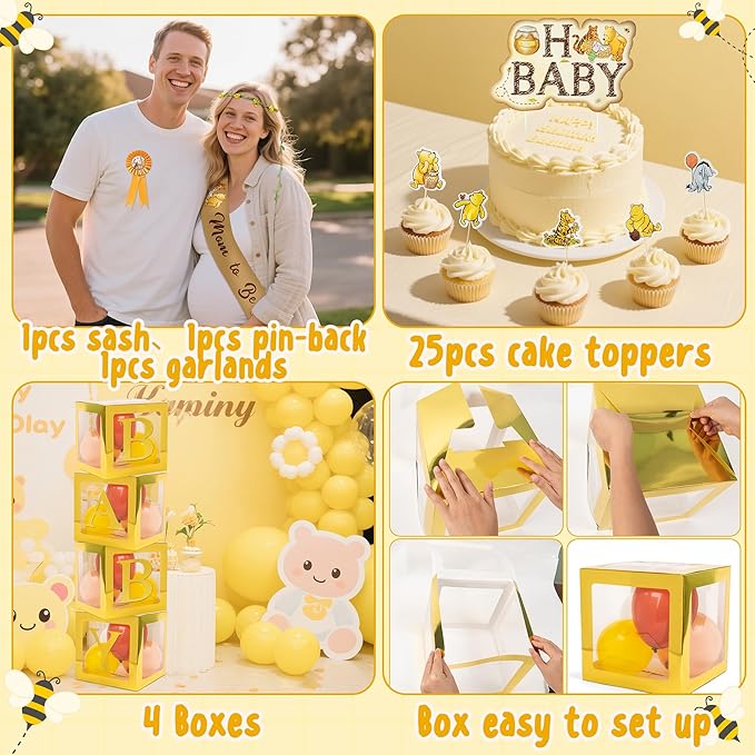Vintage Winnie Birthday Decorations for Baby - Winnie Party Supplies for Baby Shower Decorations Include Arch Balloon Mom to Be Sash Oh Baby Banner Backdrop Tablecloth Cake Topper Box Garland