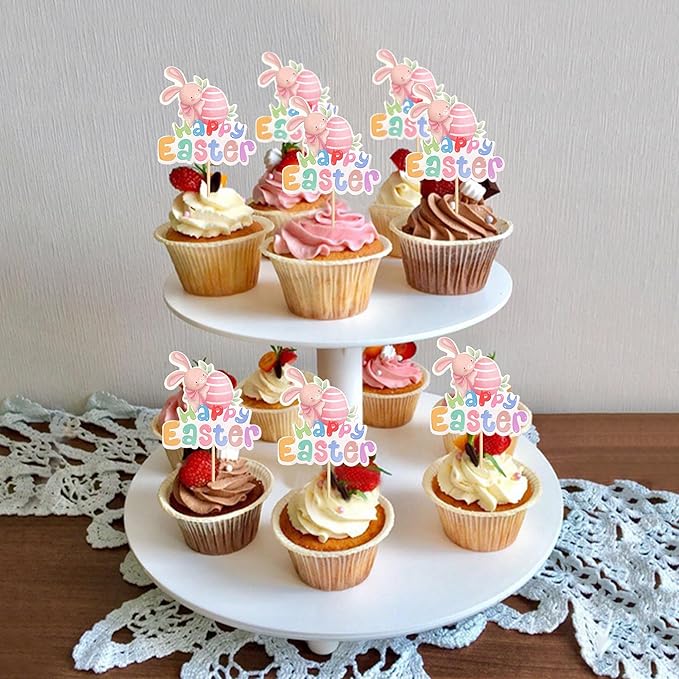 Ercadio 24Pcs Printed Happy Easter Cupcake Toppers Cute Easter Rabbit Eggs Cupcake Picks for Easter Baby Shower Kids Boys Girls Birthday Party Cupcake Decoration Supplies