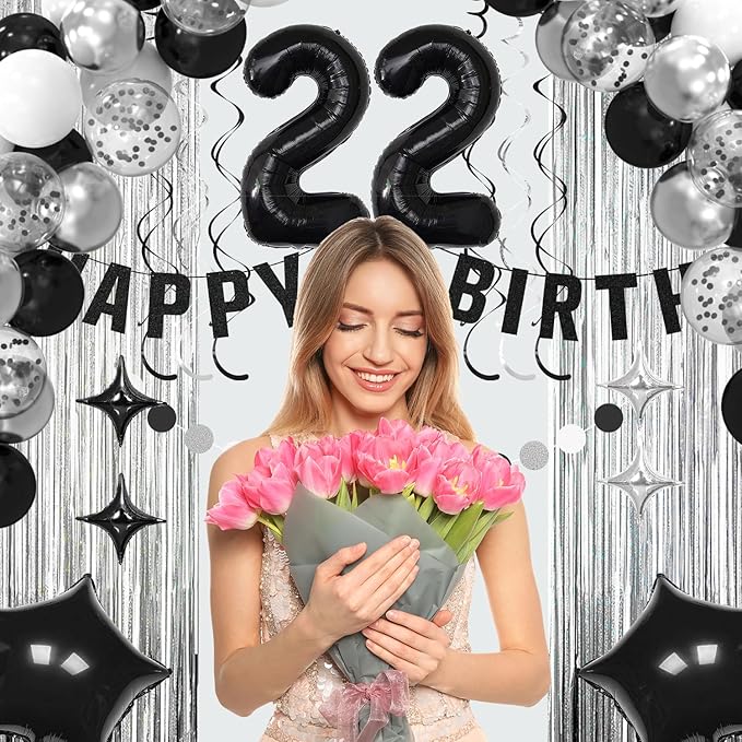 22th Birthday Decorations for Boys Girls, Silvery and Black Happy 22th Birthday Banner,Number 22 Balloons Arch Kit for 22 year old Birthday Party Decorations