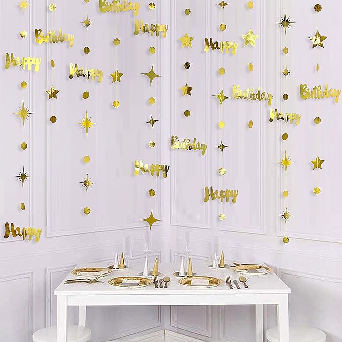 Gold Happy Birthday Decorations Happy Birthday Circle Dot Twinkle Star Garland Metallic Hanging Streamer Bunting Banner Backdrop for 1st 13th 16th 21st 30th 40th 50th 60th Birday Party Supplies