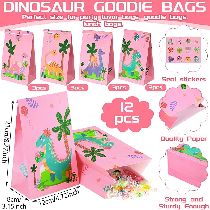 122 Pcs Dinosaur Party Supplies Pink Dinosaur Birthday Party Favors Dino Goodie Bags Make a Dino Sticker Mini Glow in Dark Toy Badge Bracelet Ring for Christmas Favor Treat Bag Stocking Stuffer