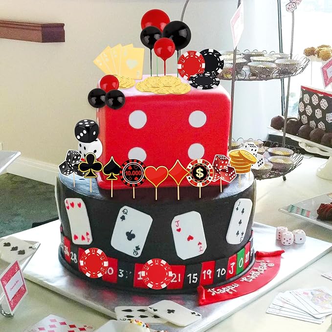Hooqict 39 Pieces Casino Cake Decorations Set with Mini Slot Machine Dice Poker Birthday Cake Toppers & Cupcake Toppers for Las Vegas Casino Night Theme Party Decorations