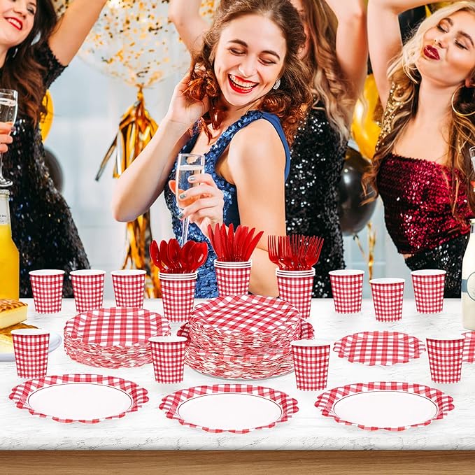 168 Pcs Red and White Gingham Party Supplies Red and White Plaid Checkered Scalloped Party Plates and Cups and Napkins Sets for Wedding, Bridal&Baby Shower, Birthday, Picnic Party Supplies Serves 24