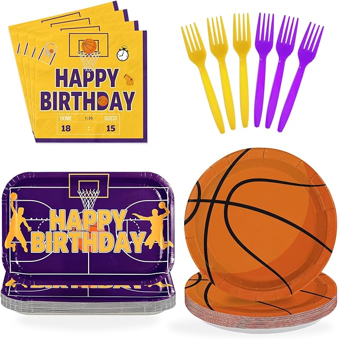 96Pcs Basketball Birthday Party Decorations Sports Themed Plates and Napkins Purple Yellow Basketball Disposable Paper Tableware Set for Kids Boys Men Birthday Party Supplies Serves 24