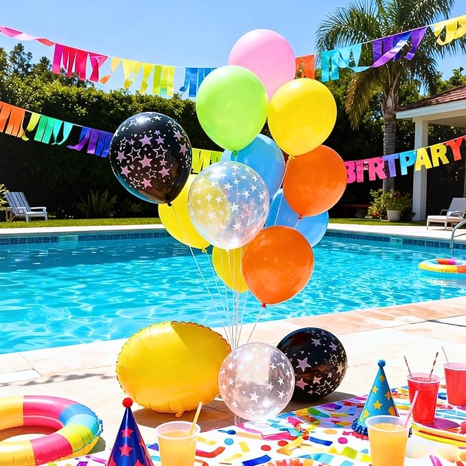 Neon Balloons, 50pcs 12 Inch Pink Orange Blue Yellow Lime Green Black Clear Star Print Rainbow Balloons Multicolor for Boy Girl Colorful Birthday Glow 80 90 Party Bright Baby Shower Summer Decorations