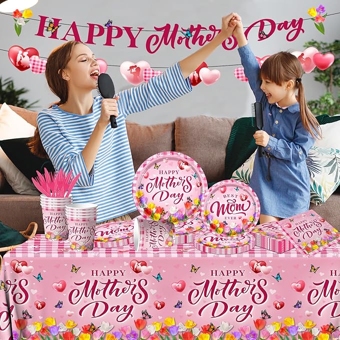 GREHUMOR 142Pcs Happy Mother's Day Party Supplies Pink Mother's Day Tableware Floral Flowers Tulip Disposable Paper Plates,Tablecloth,Napkins,Cups,Forks and Knives for Best Mom Ever Party Decorations