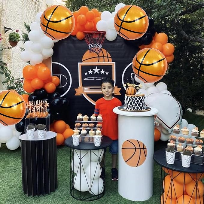 18 Inch Basketball Balloons Decor, 4PCS Orange and Black Basketball Foil Balloon for Party Decorations, Mylar Sport Balloons for Boys Men Sports Theme basketball Birthday Party Decorations Supplies
