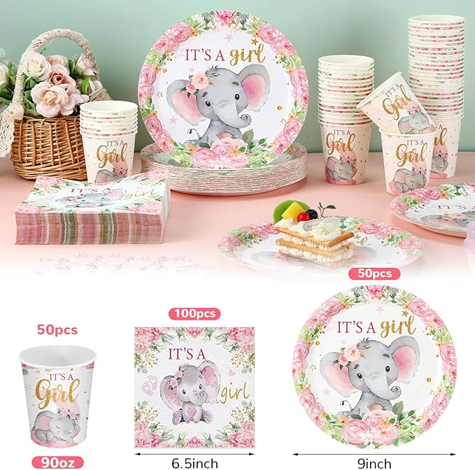 Hushee 200 Pcs Pink Elephant Baby Shower Paper Plates Napkins Cups It's A Girl Baby Shower Party Supplies Tableware Set Pink Disposable Cup Napkin for 50 Guest Spring Party Decoration
