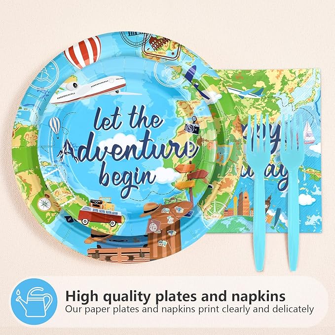 96Pcs Adventure Awaits Birthday Decorations Let The Adventure Begin Plates and Napkins Travel Theme Birthday Decor for Kids Boys World Map Graduation Travel Bday Baby Shower Party Supplies Serves 24