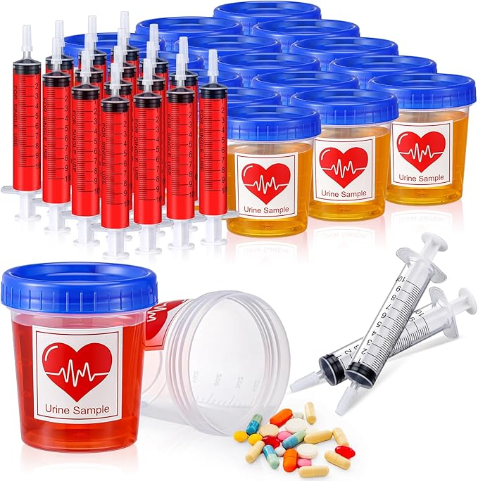 46 Pcs Nursing Graduation Party Supplies Set Plastic Syringe Urine Sample Cups with Lids Sticky Label for Nurse Congrats Grad Favors Bsn Rn Lpn Party Decorations