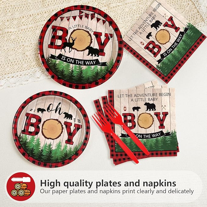 Lumberjack Baby Shower Party Decorations Buffalo Plaid Lumberjack Baby Boy Shower Plates and Napkins Set Wild Bear Forest A Little Baby Boy Decoration for Boys Camping Hunting Bear Supplies Serve 24