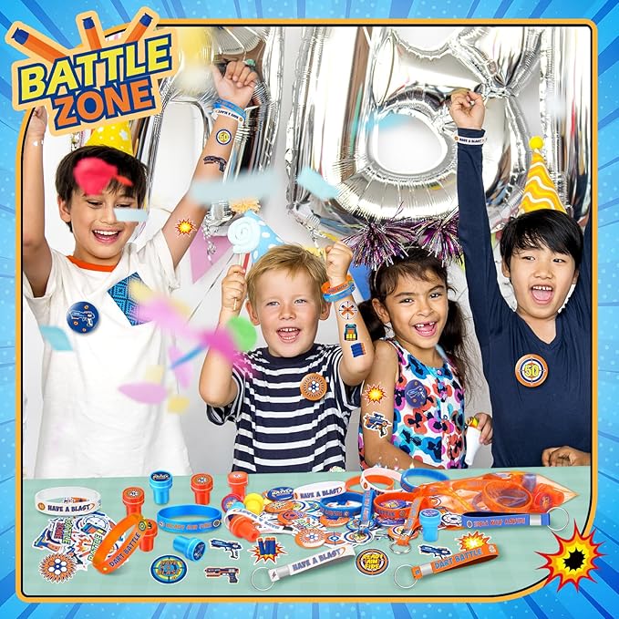 Honoson 110 Pcs Dart Battle Party Favors Supplies Battle Theme Stickers Temporary Tattoos Silicone Bracelets Keychains Badge Stamps with Organza Bags for Birthday Gifts Baby Shower Goodie Bag Fillers