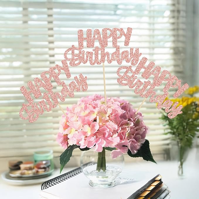 Gyufise 12Pcs Happy Birthday Centerpieces Sticks Double Sided Glitter Birthday Party Decorations Anniversary Table Flower Centerpiece for Celebrating Party Supplies Rose Gold