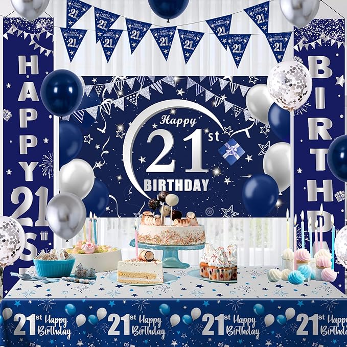 21st Birthday Decorations for Men and Women Blue, Happy 21st Birthday Door Backdrop Banner Balloons 21 Years Old Birthday Porch Sign Party Supplies with Latex Balloons Decor 21st Bday Boy Her Him