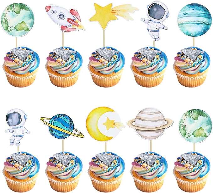 Ephlyn 36Pcs Space Astronaut Cupcake Toppers Planet Rocket Spaceship Trip to the Moon Star Cupcake Food Picks Universe Outer Space Theme Baby Shower Kids Birthday Party Supplies Blue