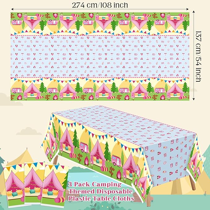 Table Cover Party Decor - 3 Pack Pink Camping Themed Disposable Plastic Rectangle Table Cloths Birthday School Christmas Holiday Party Favors Classroom Decoration Supplies Games Activities